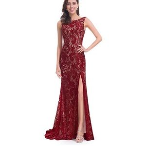 Burgundy lace long length dress with low back